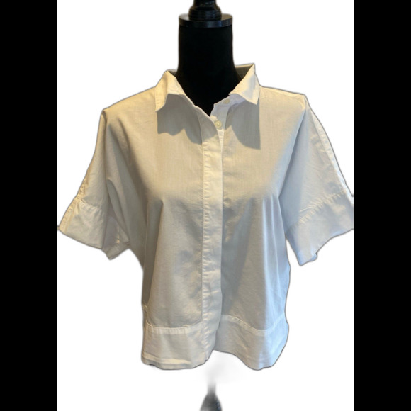 Loft Cropped Blouse White Cotton Size XL Dolman Short Sleeve Button Down Top - Picture 1 of 12